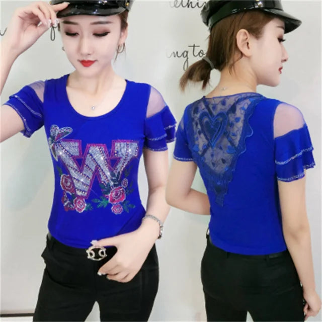 Summer T-shirt Hollow Out Diamonds Letter Butterfly Women