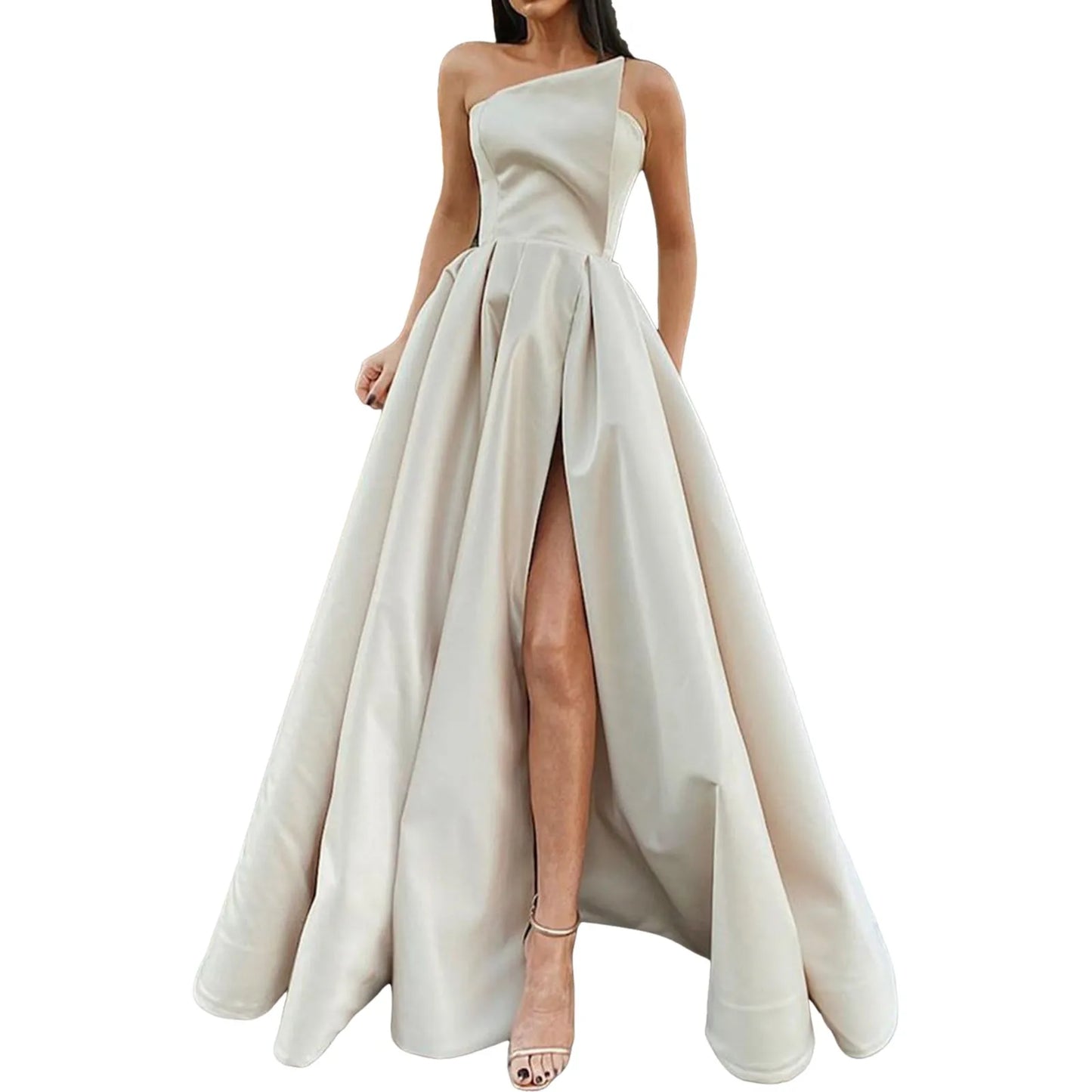 Ladies Satin A Line Dress Slim Fit One Shoulder Ruched Split Dress