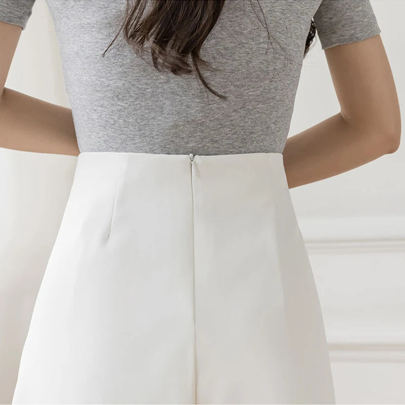 White or Black Shorts Ladies High Waist Zipper A-line Wide Leg