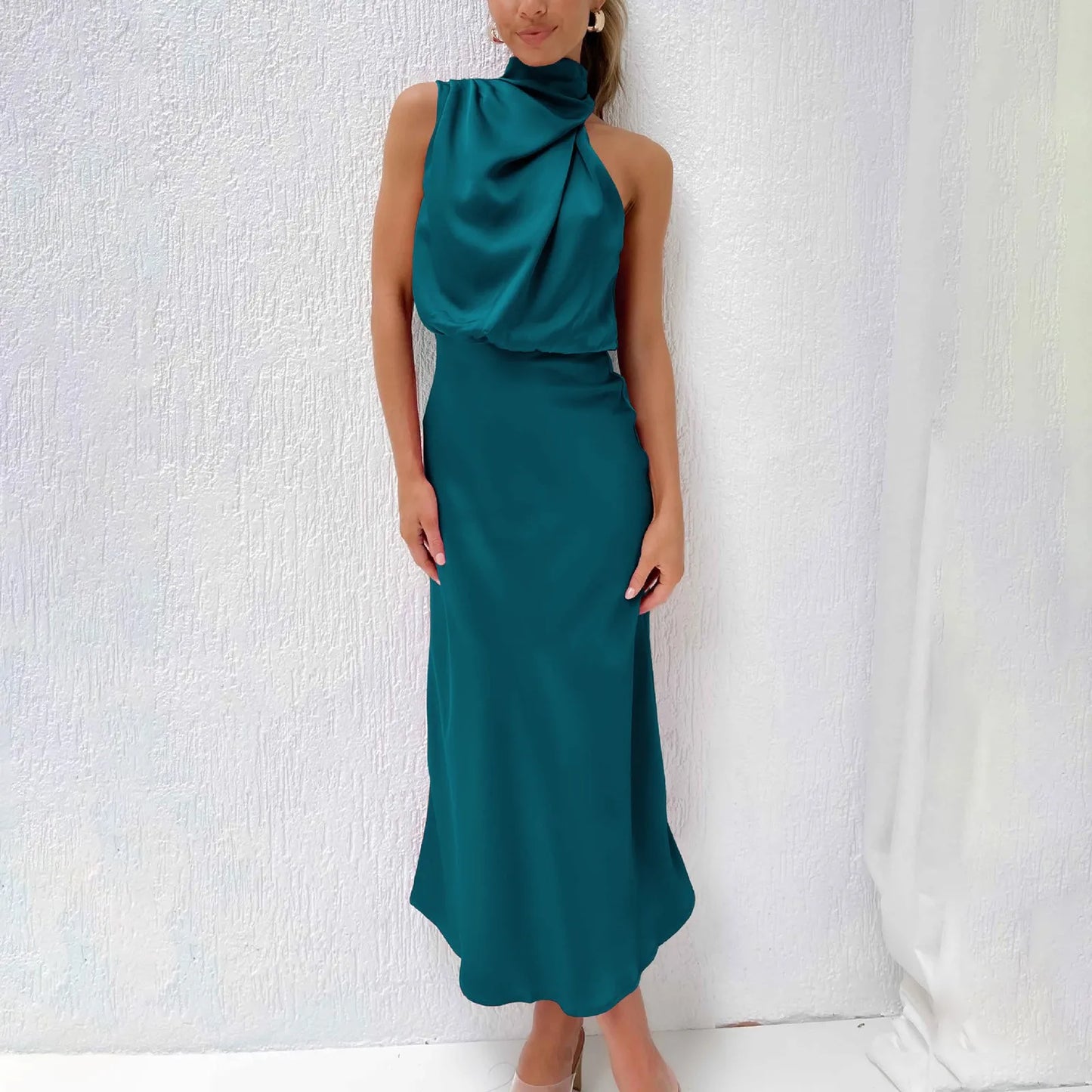 Satin High Waisted A Line Dress Elegant Swing Turtleneck Sleeveless Formal Long Dress