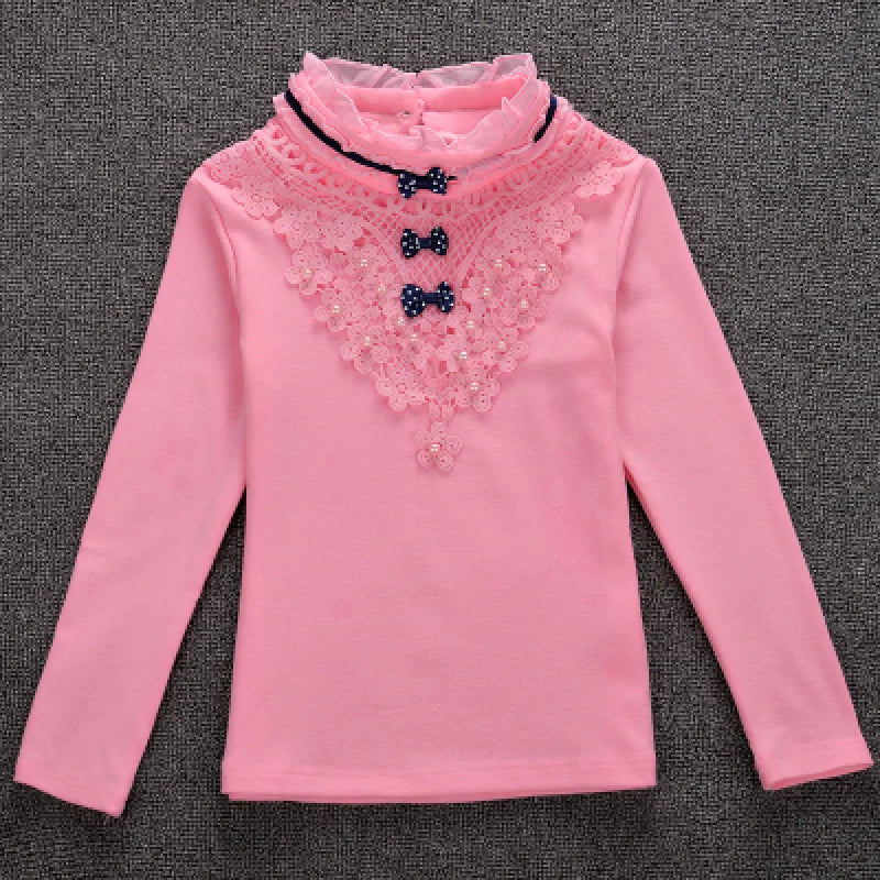 Girls Turtleneck Blouse Lace Shirt Cotton Long Sleeves