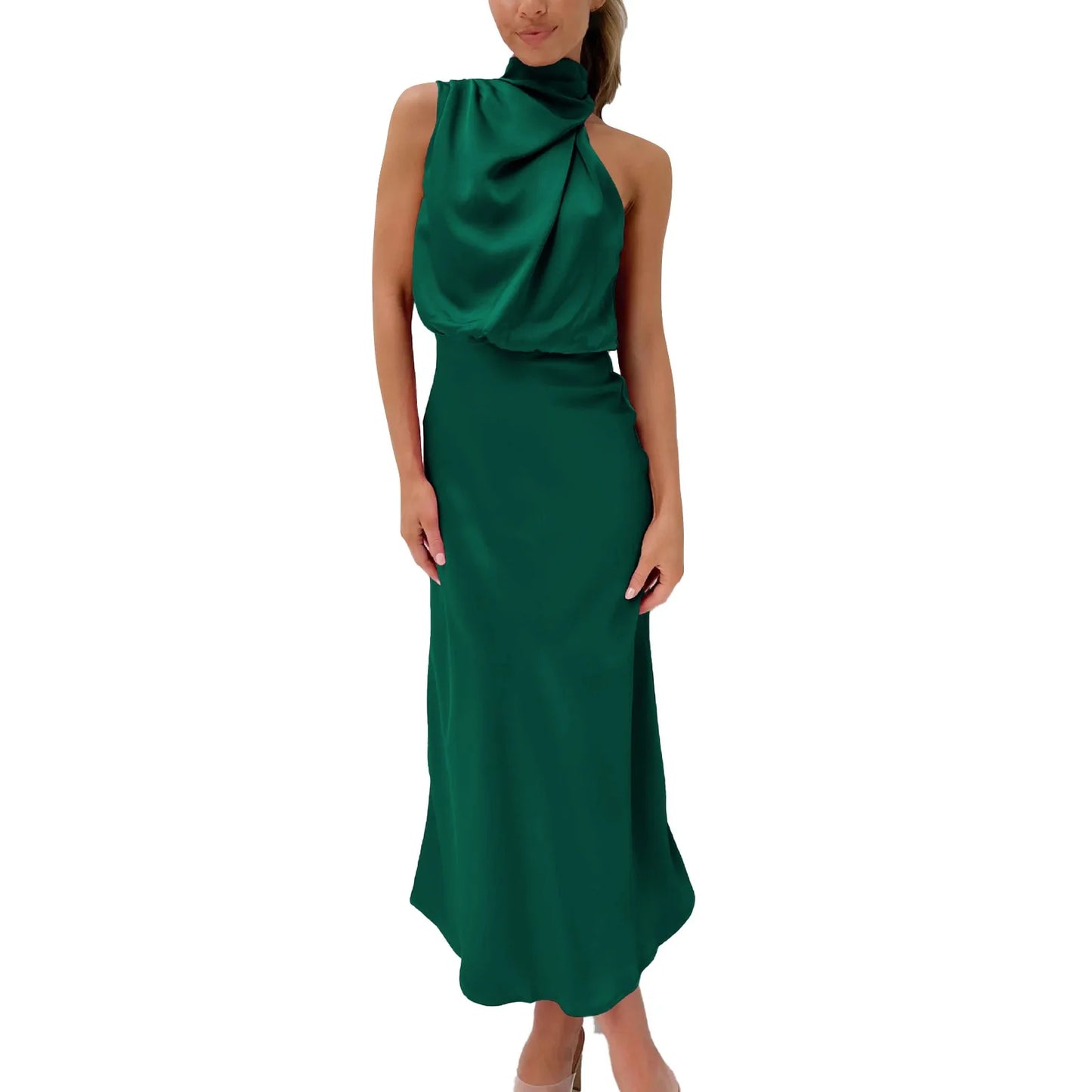 Satin High Waisted A Line Dress Elegant Swing Turtleneck Sleeveless Formal Long Dress