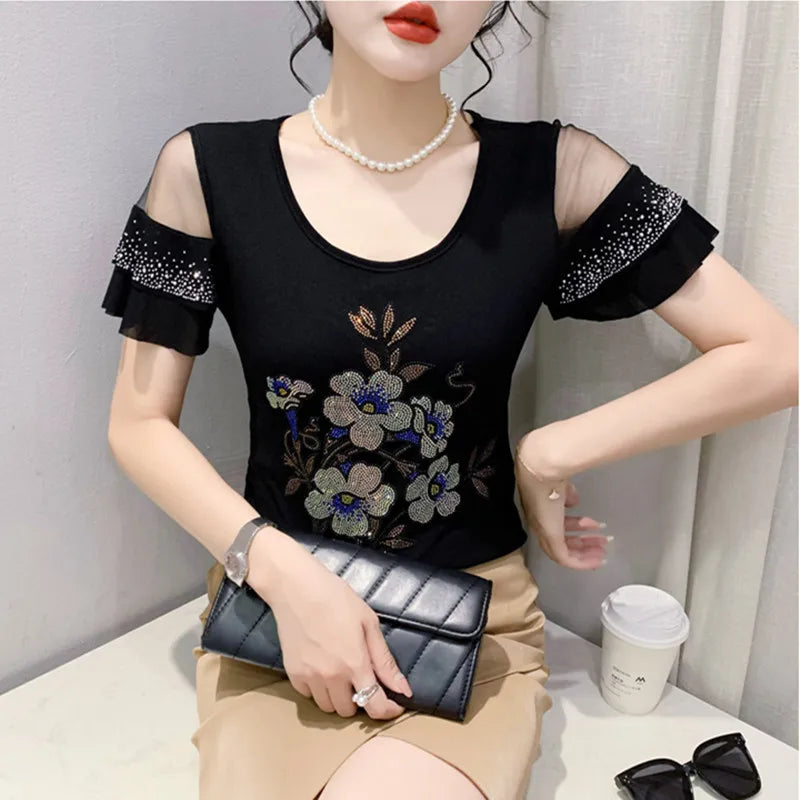 Summer T-shirt Hollow Out Diamonds Letter Butterfly Women