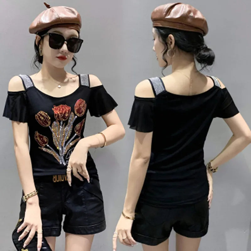 Summer T-shirt Hollow Out Diamonds Letter Butterfly Women