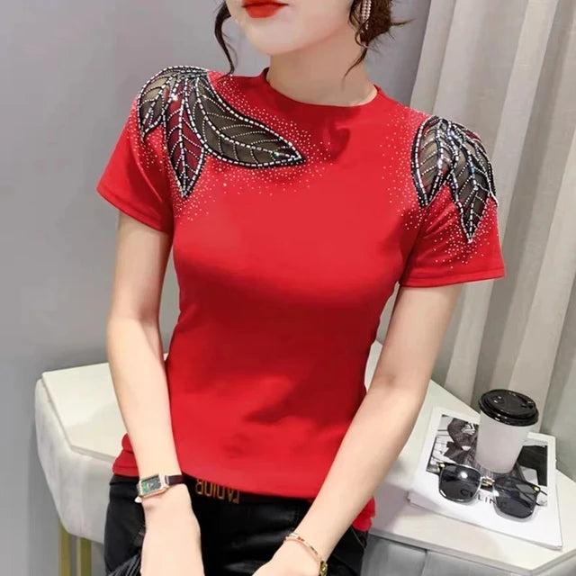 Summer T-shirt Hollow Out Diamonds Letter Butterfly Women