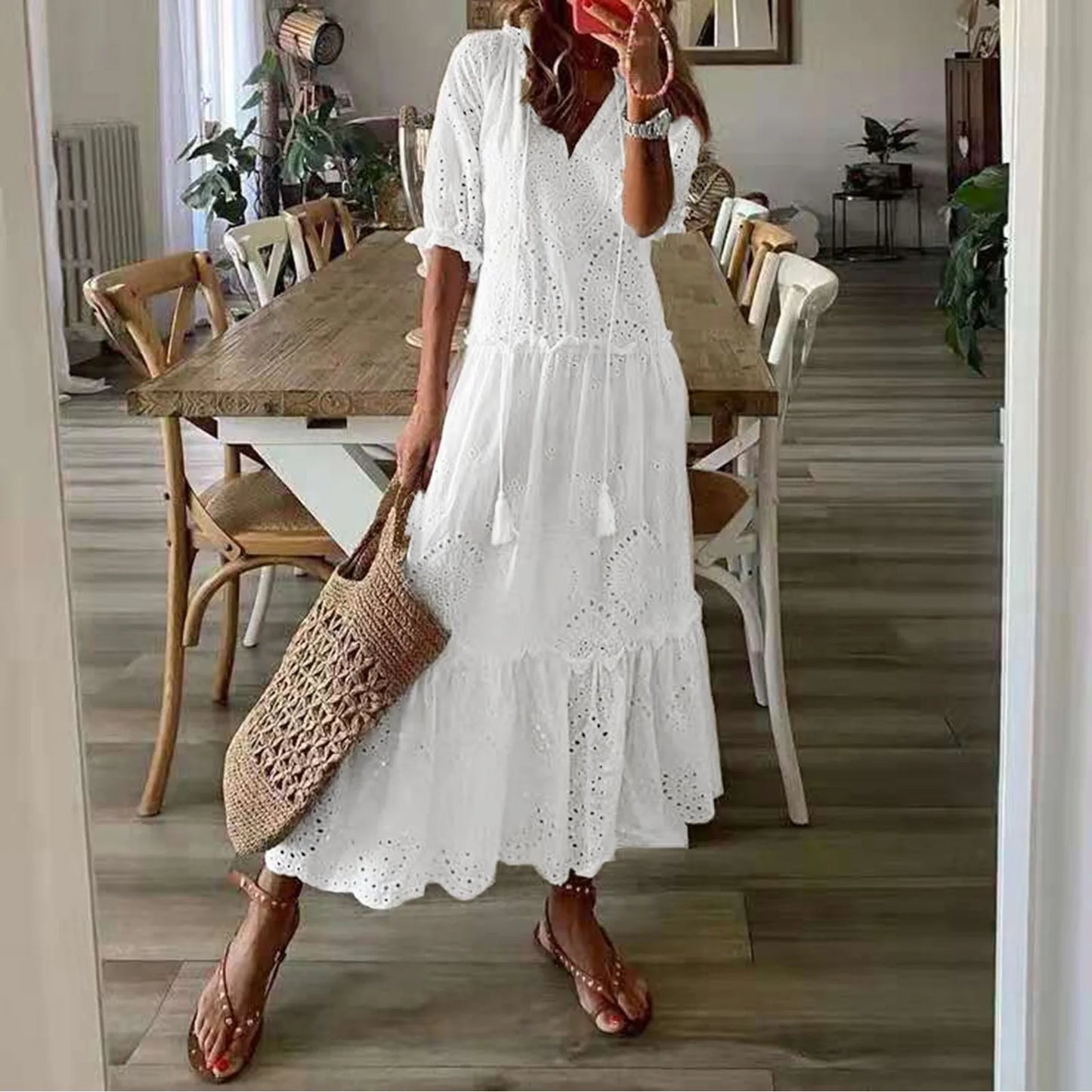 Summer Cotton White Dress For Women Hollow Crochet Long Dress