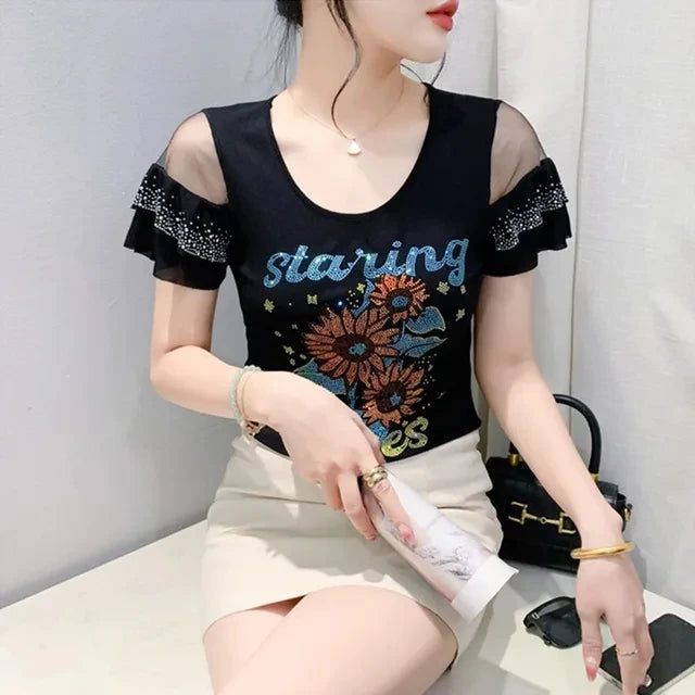 Summer T-shirt Hollow Out Diamonds Letter Butterfly Women