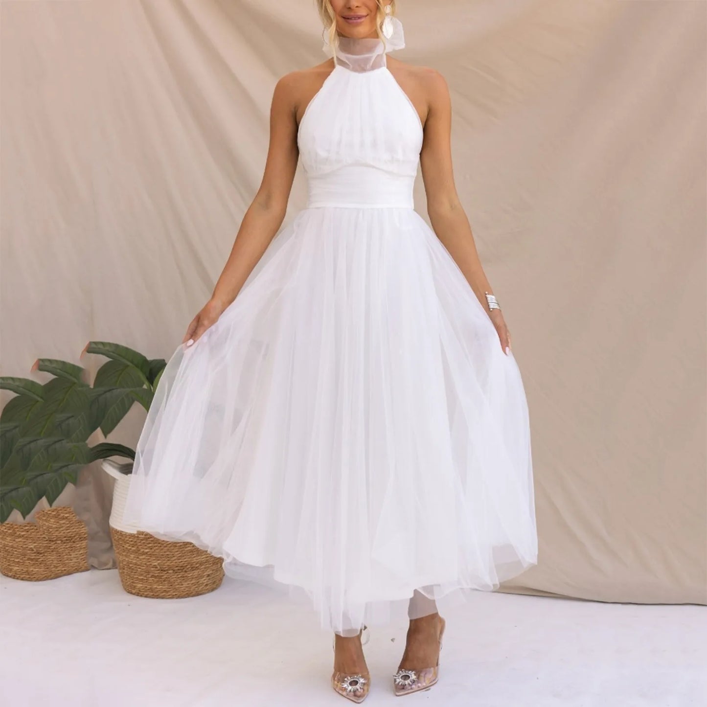 Sexy Halter Holiday Party Dress Off Shoulder Mesh Backless Pleated Dress