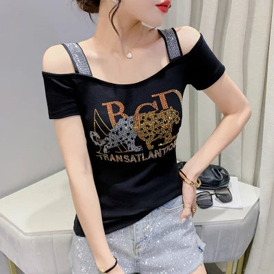 Summer T-shirt Hollow Out Diamonds Letter Butterfly Women