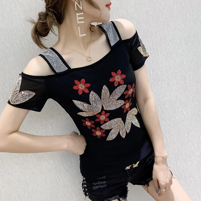 Summer T-shirt Hollow Out Diamonds Letter Butterfly Women