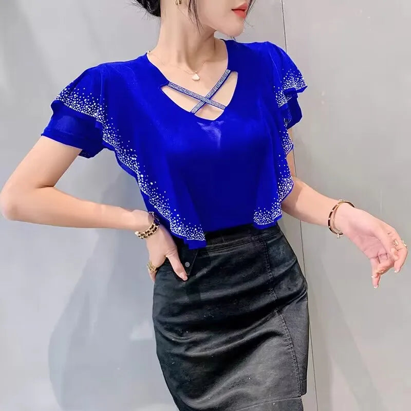 High Quality Women's T-Shirt V-NeckHollow Out Hot Diamonds Tees