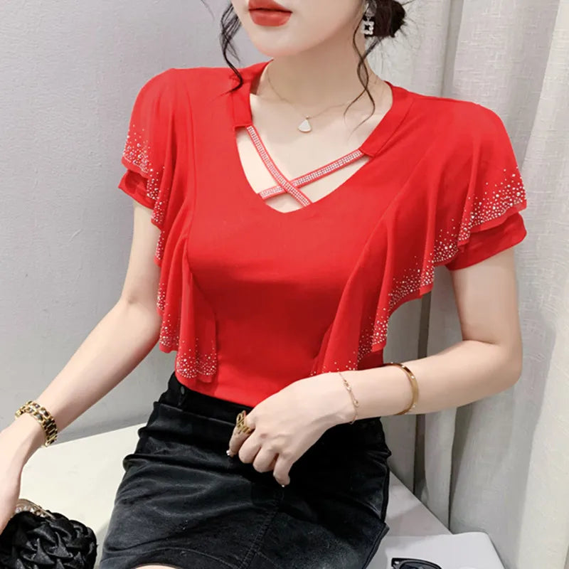 High Quality Women's T-Shirt V-NeckHollow Out Hot Diamonds Tees