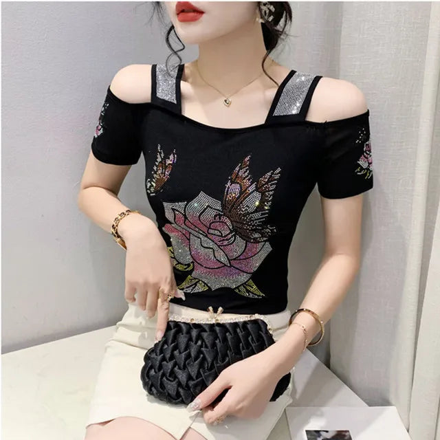 Summer T-shirt Hollow Out Diamonds Letter Butterfly Women