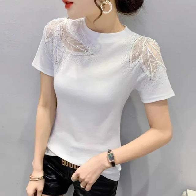 Summer T-shirt Hollow Out Diamonds Letter Butterfly Women