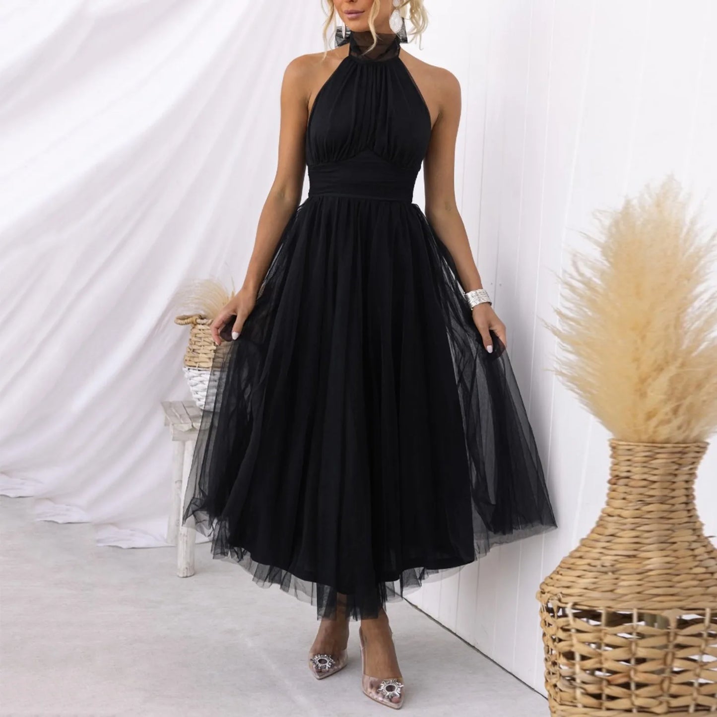 Sexy Halter Holiday Party Dress Off Shoulder Mesh Backless Pleated Dress