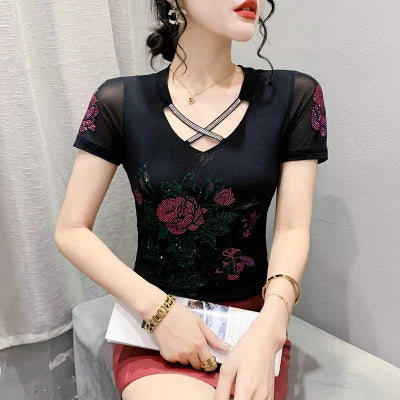 Summer T-shirt Hollow Out Diamonds Letter Butterfly Women