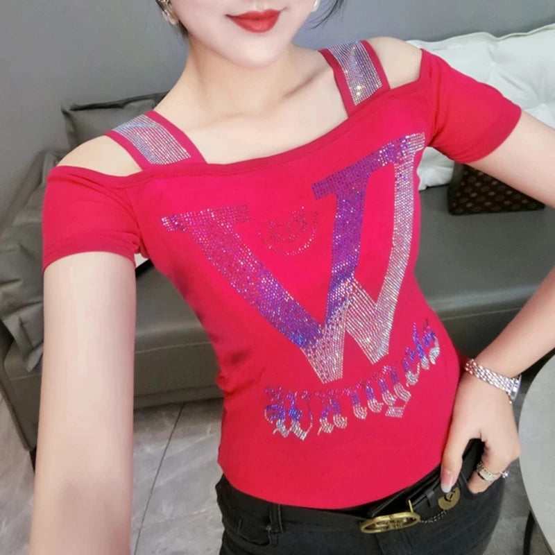 Summer T-shirt Hollow Out Diamonds Letter Butterfly Women