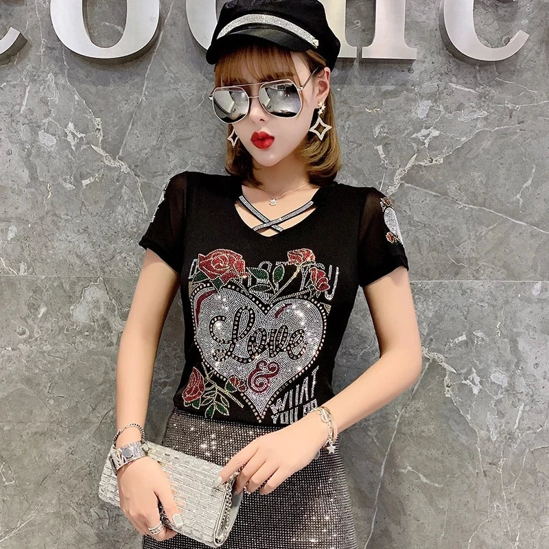 Summer T-shirt Hollow Out Diamonds Letter Butterfly Women