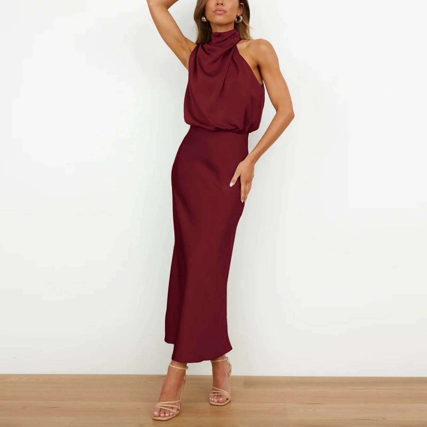 Satin High Waisted A Line Dress Elegant Swing Turtleneck Sleeveless Formal Long Dress