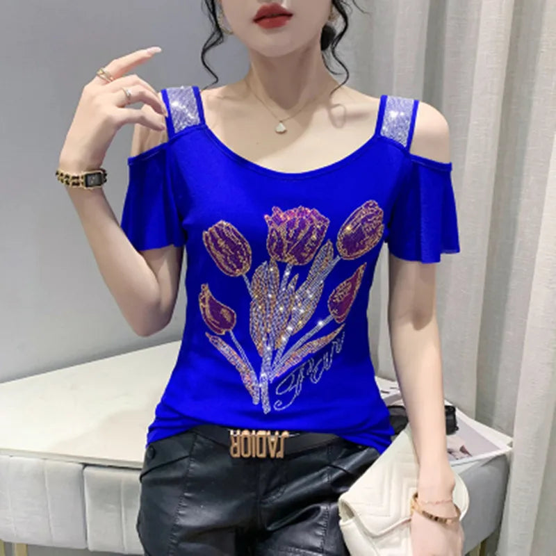 Summer T-shirt Hollow Out Diamonds Letter Butterfly Women