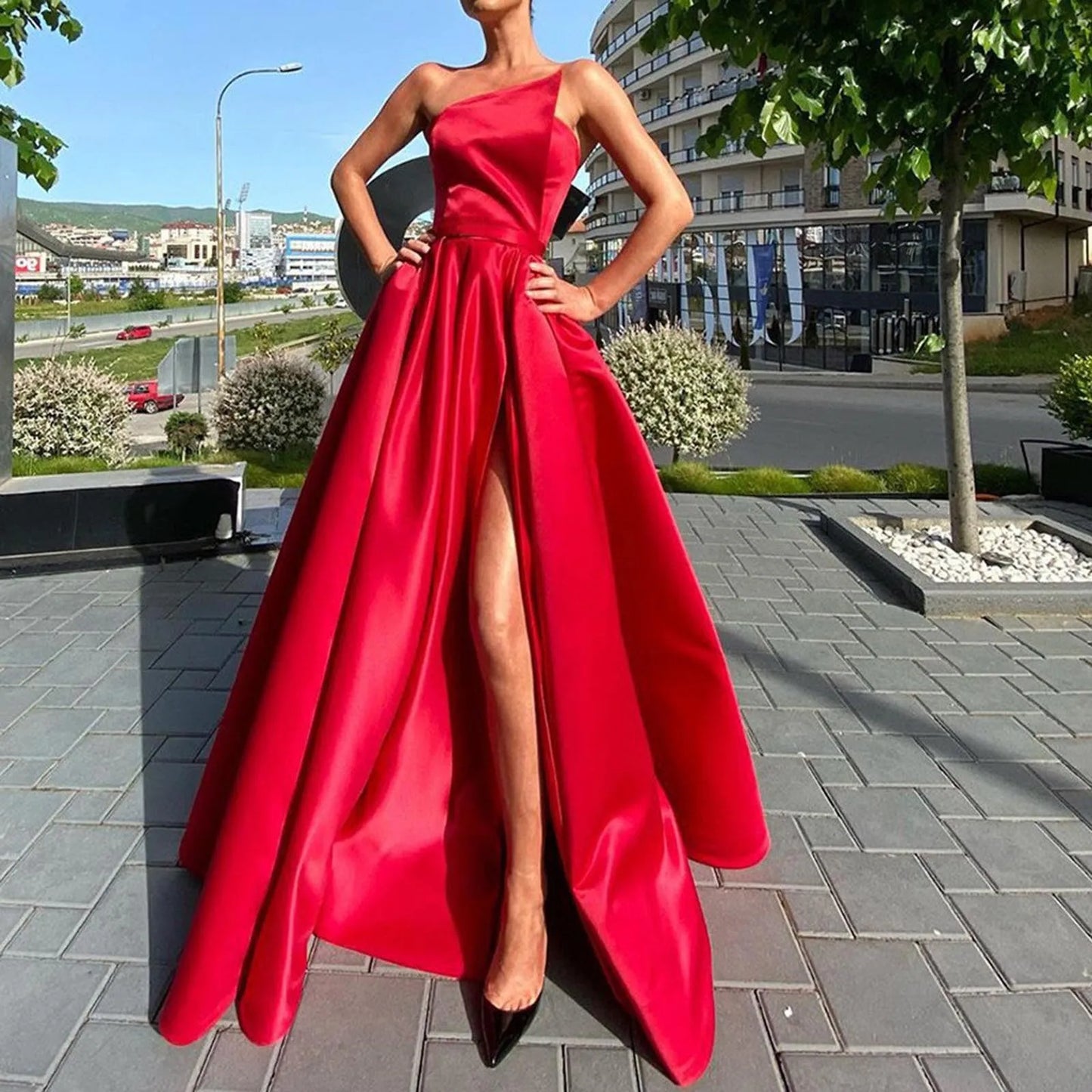 Ladies Satin A Line Dress Slim Fit One Shoulder Ruched Split Dress