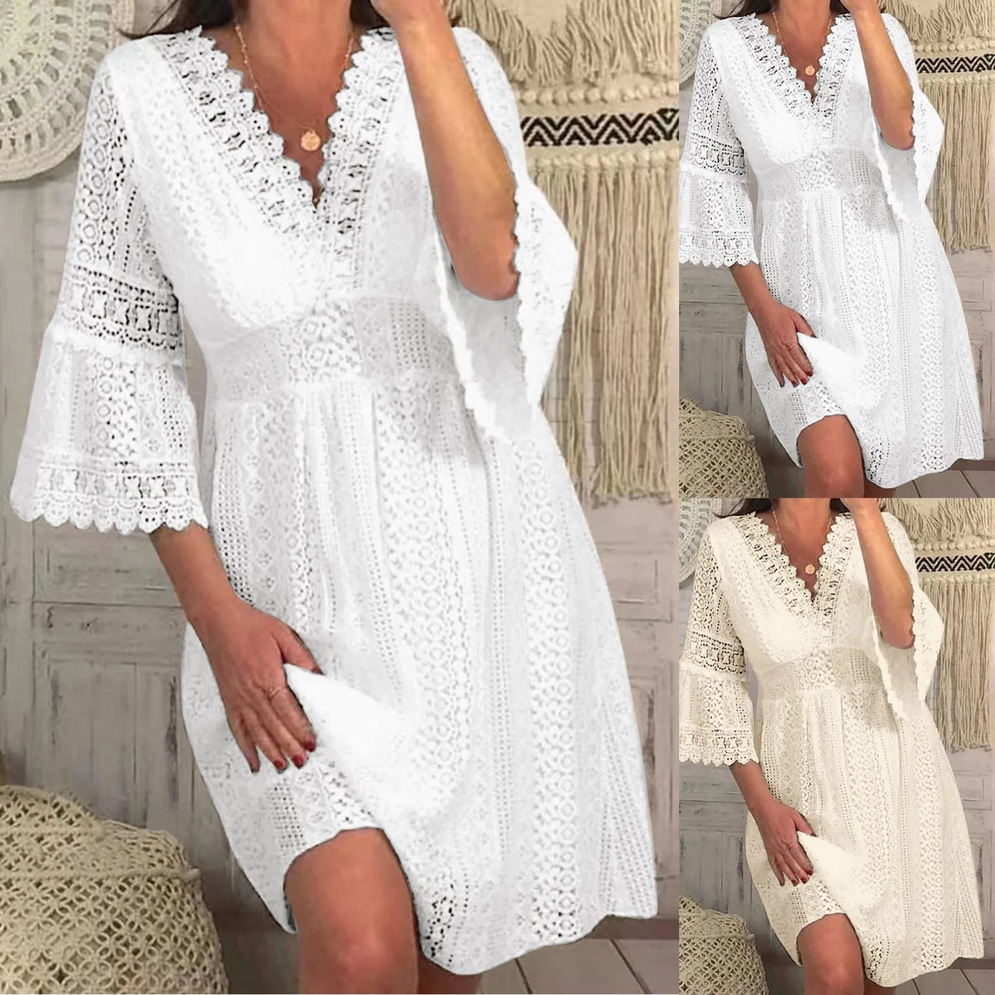Women's Casual Lace Mid Dress Flare Sleeve Solid V-Neck Knee Length