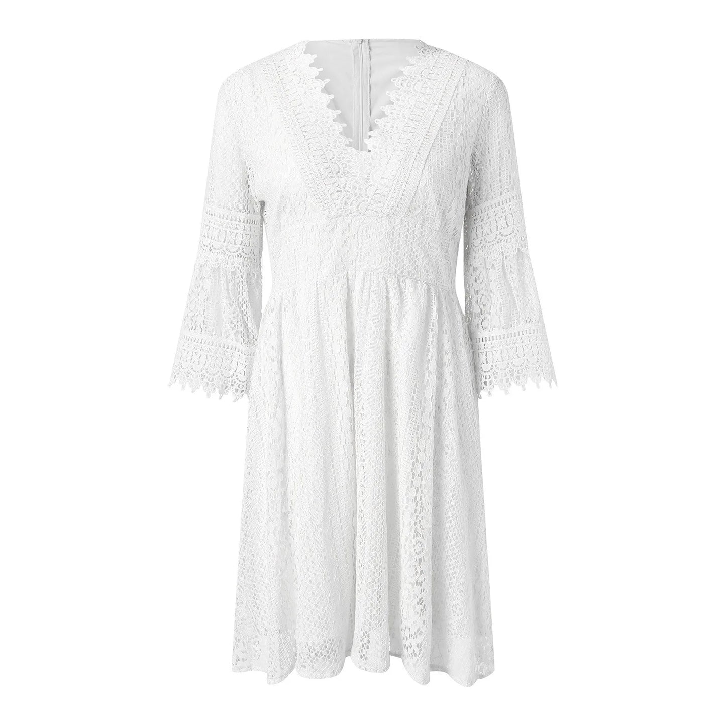 Women's Casual Lace Mid Dress Flare Sleeve Solid V-Neck Knee Length