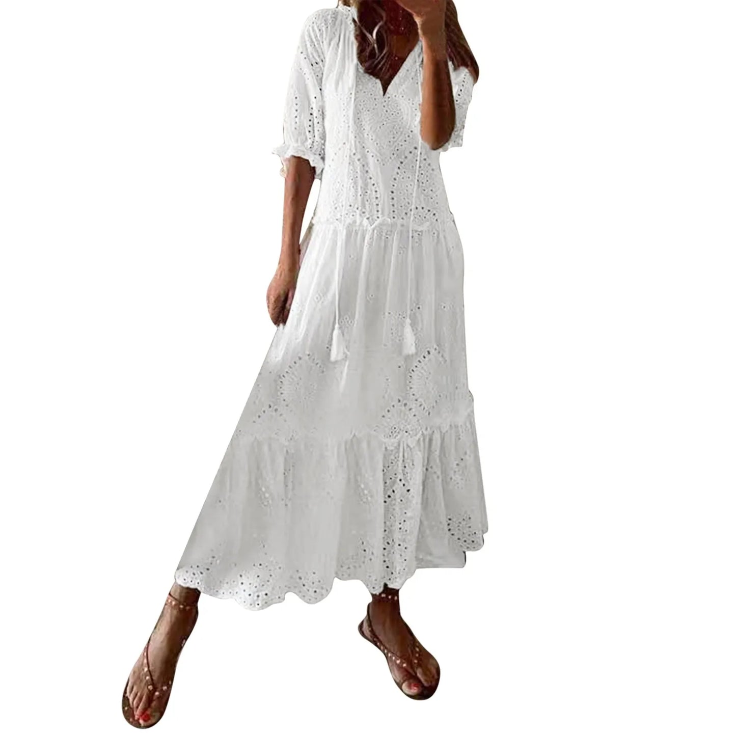 Summer Cotton White Dress For Women Hollow Crochet Long Dress