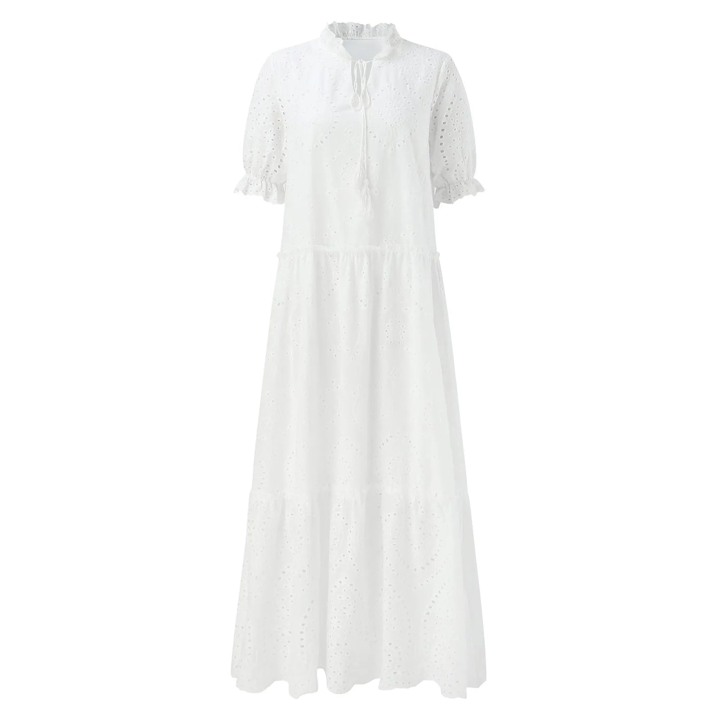 Summer Cotton White Dress For Women Hollow Crochet Long Dress