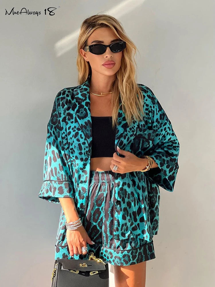 Green Leopard Print Shorts 2 Pieces Lady's Sleepwear