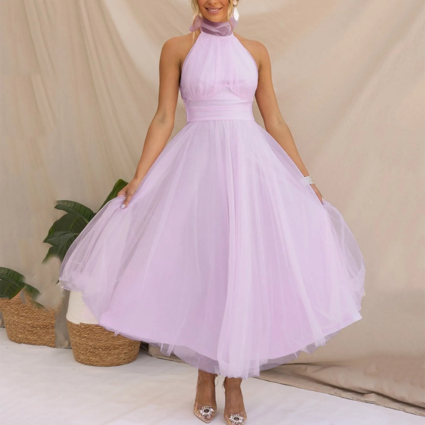 Sexy Halter Holiday Party Dress Off Shoulder Mesh Backless Pleated Dress