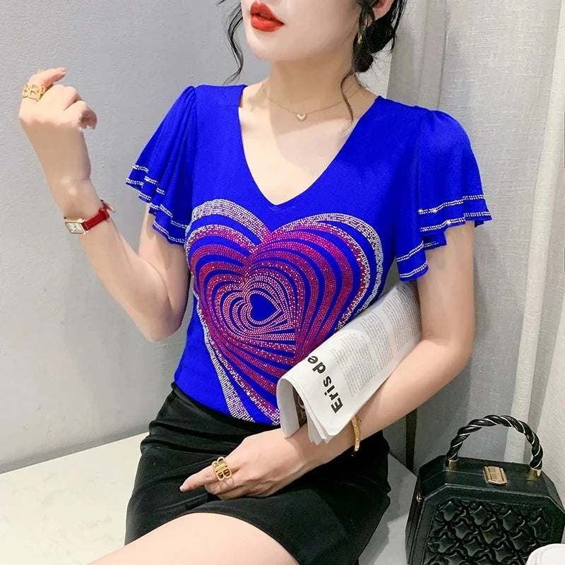 Summer T-shirt Hollow Out Diamonds Letter Butterfly Women