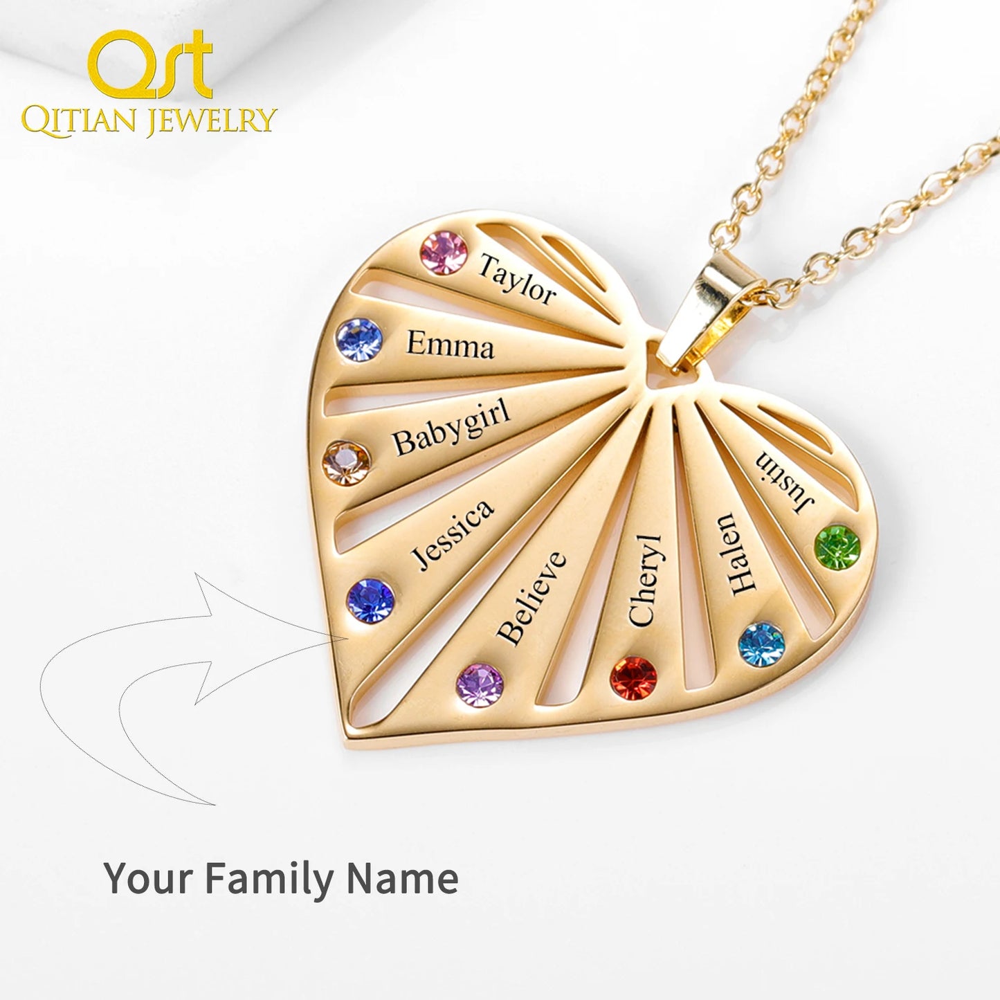 Personalized Heart Birthstone Necklace/Custom Engrave 1-8 Names