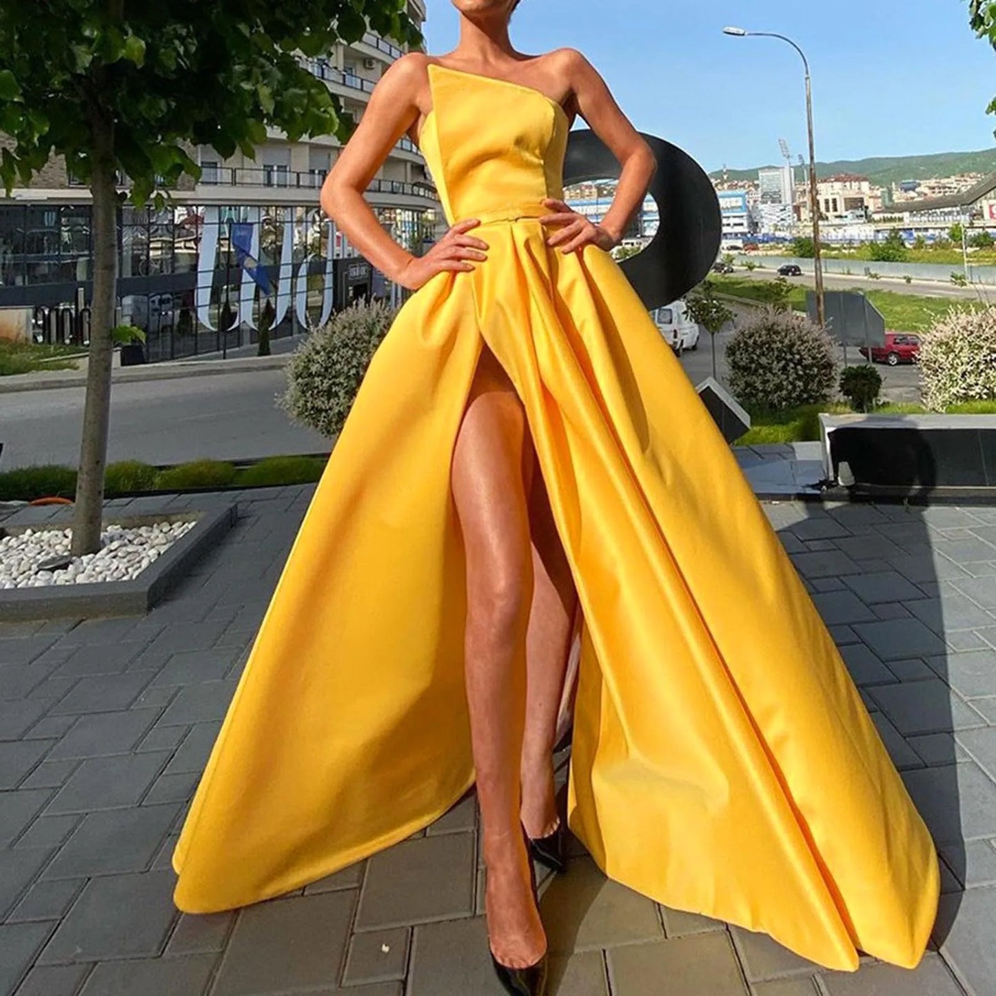 Ladies Satin A Line Dress Slim Fit One Shoulder Ruched Split Dress