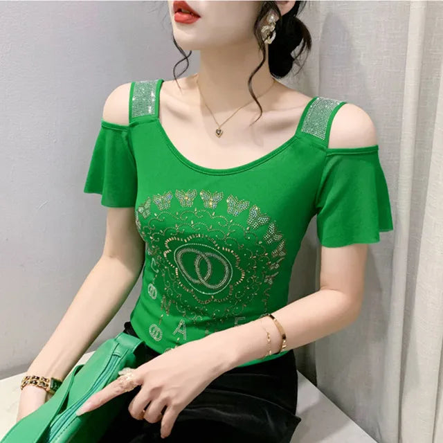Summer T-shirt Hollow Out Diamonds Letter Butterfly Women