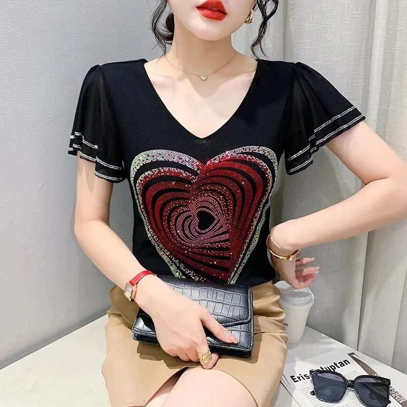 Summer T-shirt Hollow Out Diamonds Letter Butterfly Women