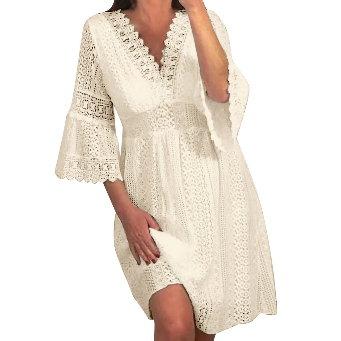 Women's Casual Lace Mid Dress Flare Sleeve Solid V-Neck Knee Length