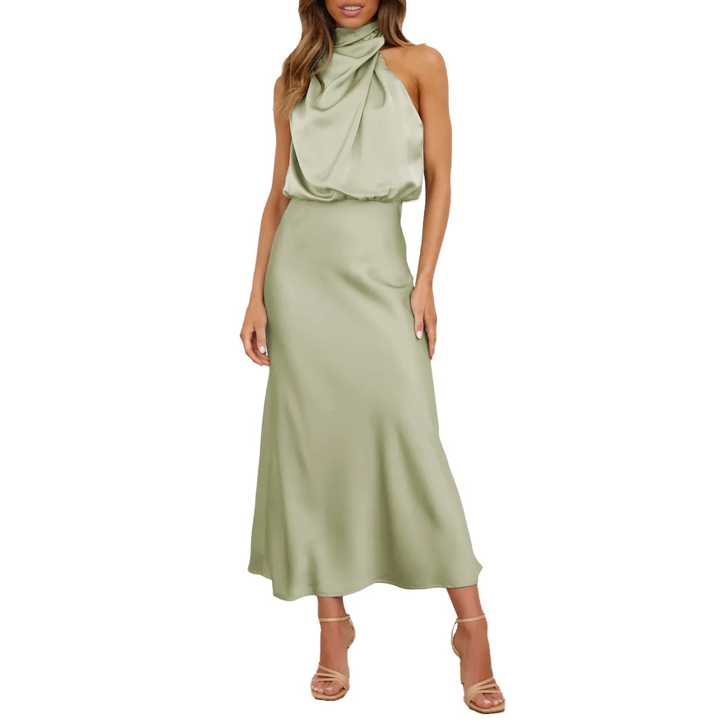 Satin High Waisted A Line Dress Elegant Swing Turtleneck Sleeveless Formal Long Dress