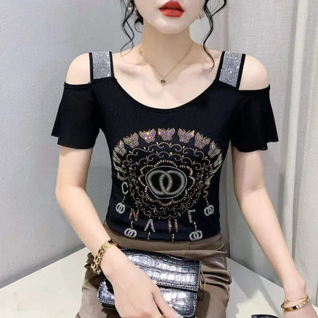 Summer T-shirt Hollow Out Diamonds Letter Butterfly Women