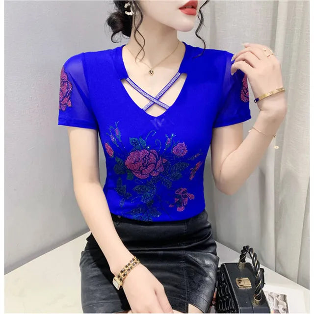 Summer T-shirt Hollow Out Diamonds Letter Butterfly Women