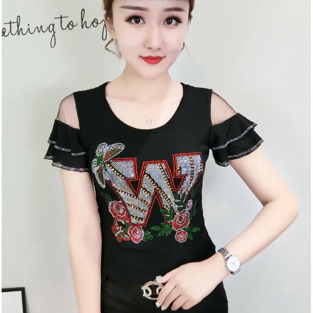 Summer T-shirt Hollow Out Diamonds Letter Butterfly Women