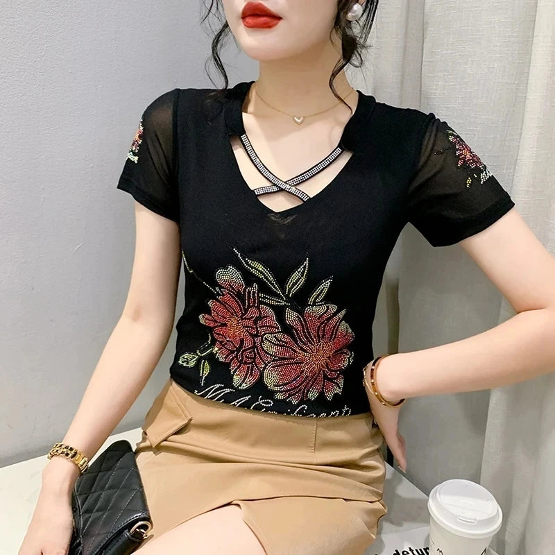 Summer T-shirt Hollow Out Diamonds Letter Butterfly Women