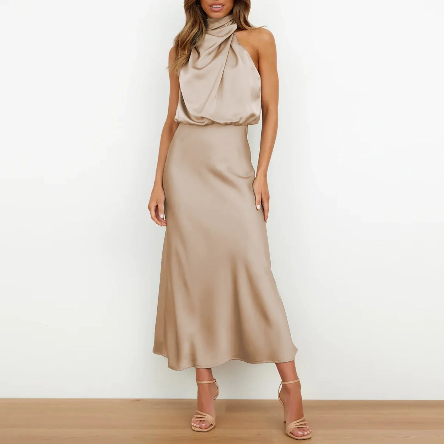 Satin High Waisted A Line Dress Elegant Swing Turtleneck Sleeveless Formal Long Dress