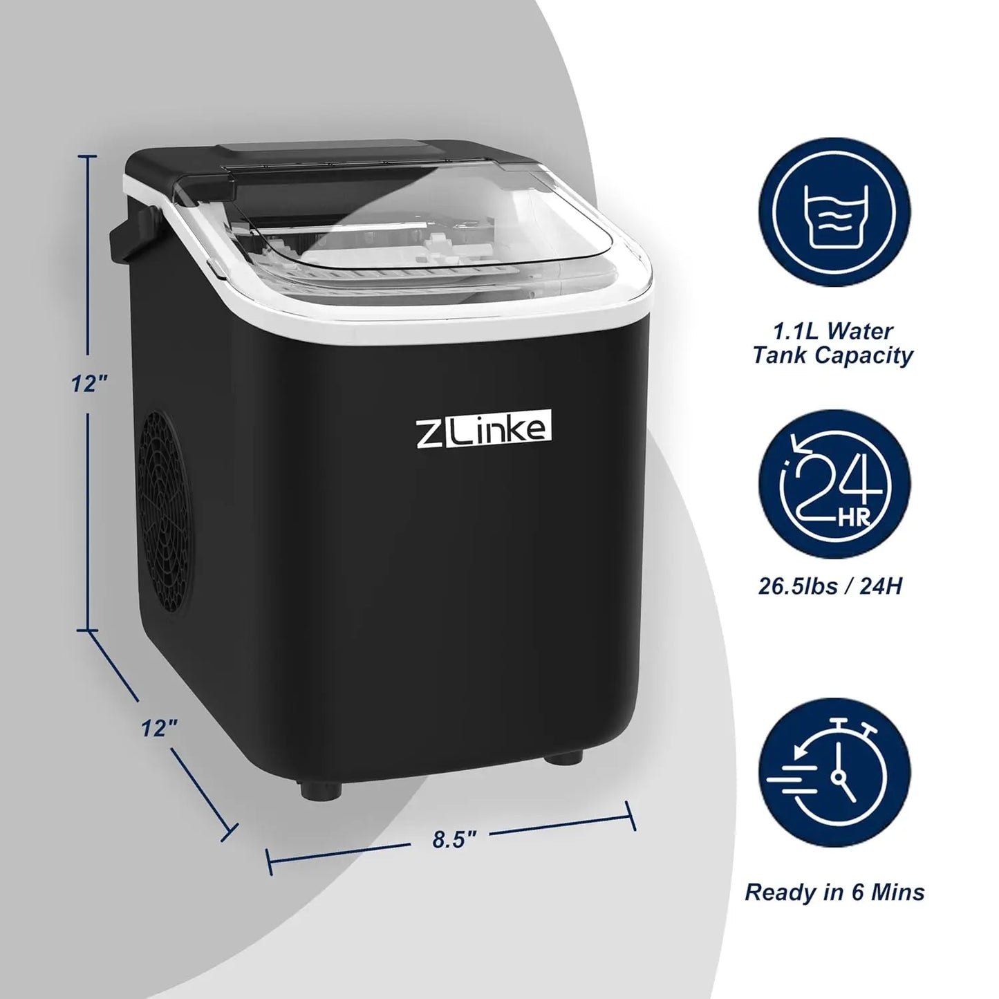 Countertop Ice Maker, Ice Maker Machine 6 Mins 9 Bullet Ice, 26.5lbs/24Hrs