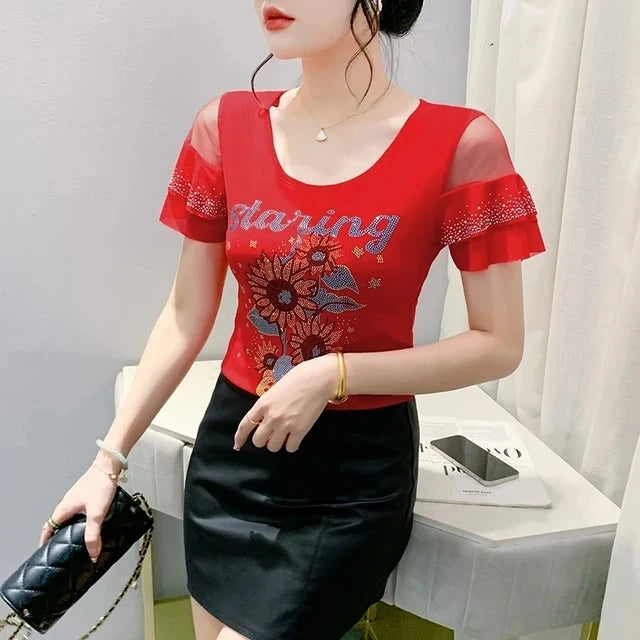 Summer T-shirt Hollow Out Diamonds Letter Butterfly Women