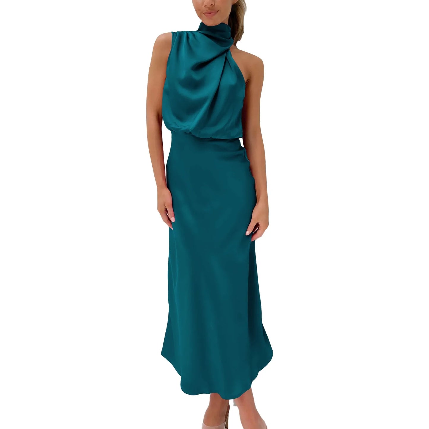 Satin High Waisted A Line Dress Elegant Swing Turtleneck Sleeveless Formal Long Dress