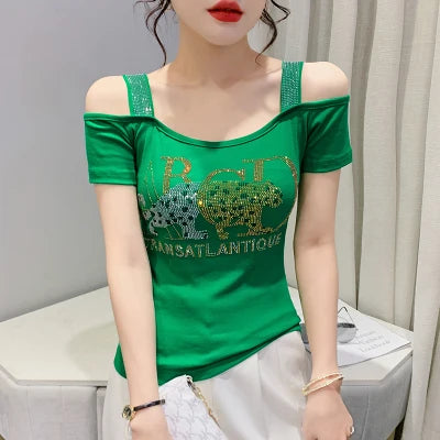 Summer T-shirt Hollow Out Diamonds Letter Butterfly Women