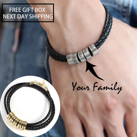 Personalized Men's Leather Braided With Beads Bracelet