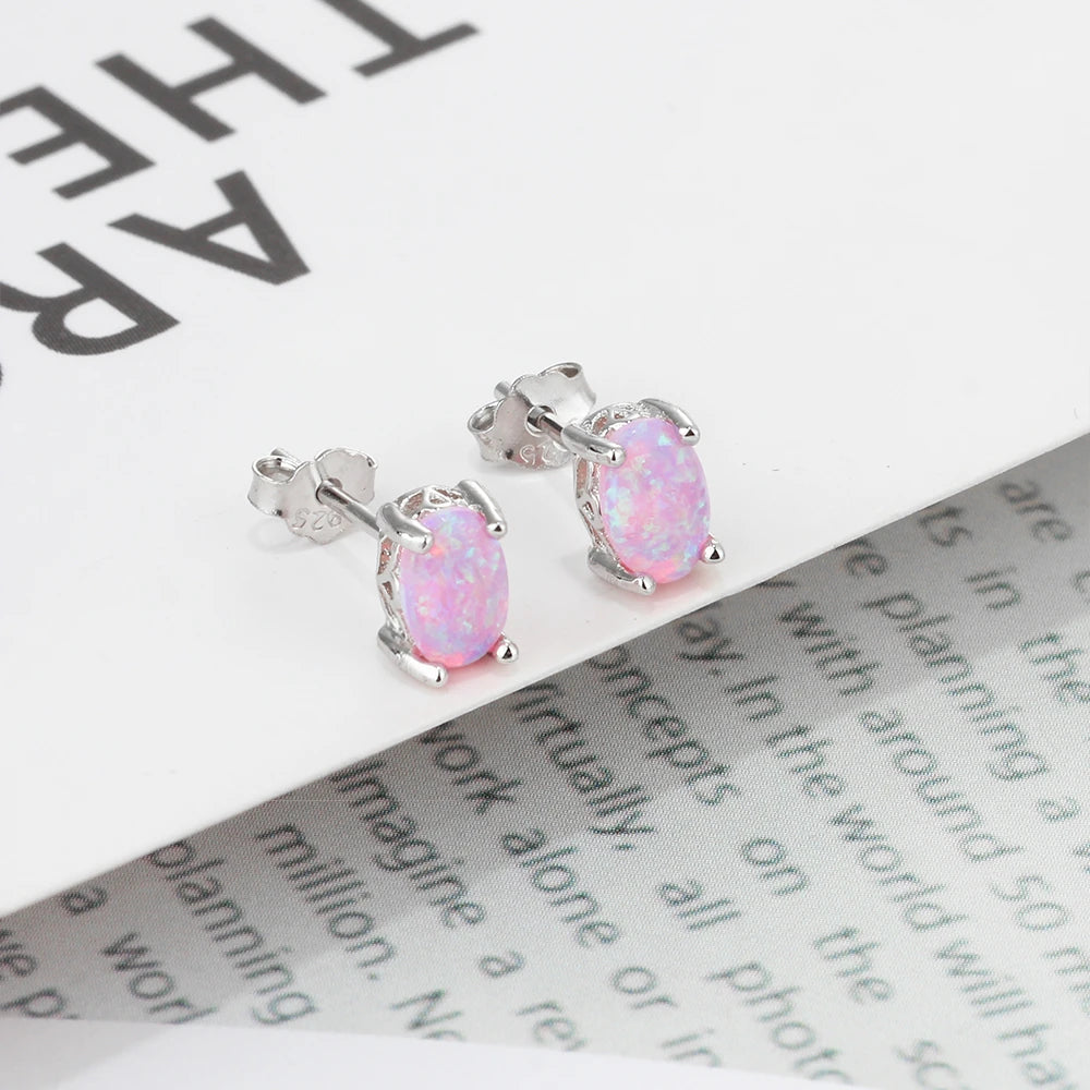 925 Sterling Silver Oval Pink Fire Opal Earrings for Women