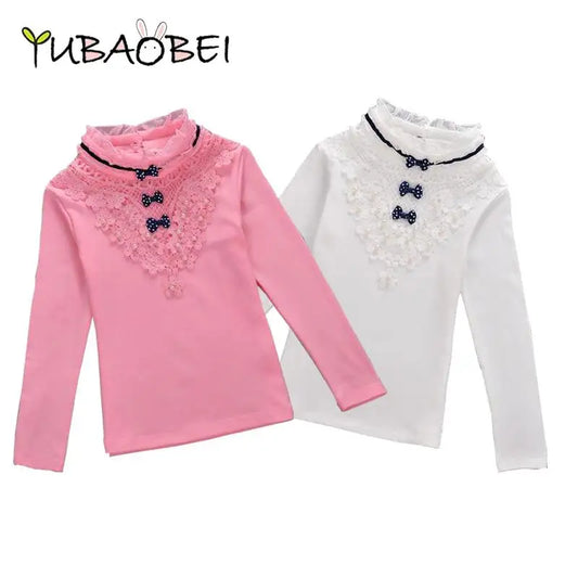 Girls Turtleneck Blouse Lace Shirt Cotton Long Sleeves